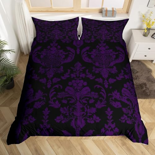 Loussiesd Lila Schwarz Bettwäsche Set 200x200cm Vintage Damast Floral Gothic Böhmen Floral Bettbezug Kinder Jungen Mädchen Oriental Antik Betten Luxus Blume Bettwäsche-Set