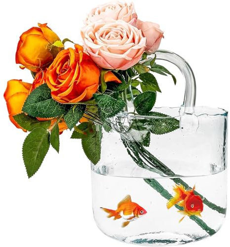 Duscdesp Vase Glas Handtasche Groß, Klare Vasen Bunt Handgemachte Blumenvase, Dekorative Glasvase Gross Vase Aesthetic, Tasche Glasvasen mit Griff für Langstielige Blumen, Obst, Fische (Transparente)