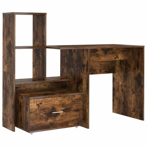 vidaXL Smoked Oak Office Table Made of Wood Material 131.5 x 50 x 106.5 cm Modern Design Large Storage Space Flexible Wall Shelf Fixing