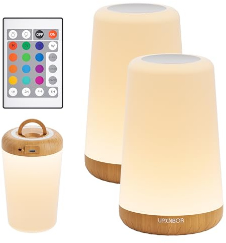 UPXNBOR LED Touch Bedside Lamp, Night Light for Bedroom, Living Room & Kids | Table Lamp with Remote Control, Dimmable Light, 13 RGB Colours and 5 Brightness Levels, Timer, Hook, USB Rechargeable,2 Pack