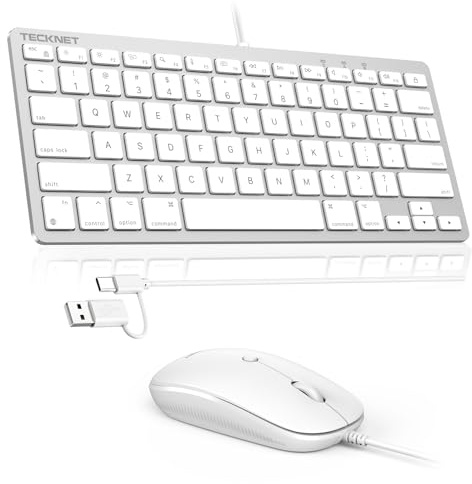 TECKNET Tastiera cablata e mouse compatibile con Mac, tastiera con doppia interfaccia (Type-C e USB A), mouse con interfaccia USB A per MacBook Pro/Air, iMac, Mac mini/Pro, bianco
