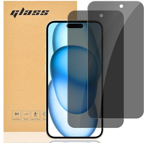 gueche insynsskydd helskärm för iPhone 15 tum, anti-spy pansarskydd glasfolie skyddsfilm, kant till kant skärmskydd påverkar inte skalet, 2 stycken