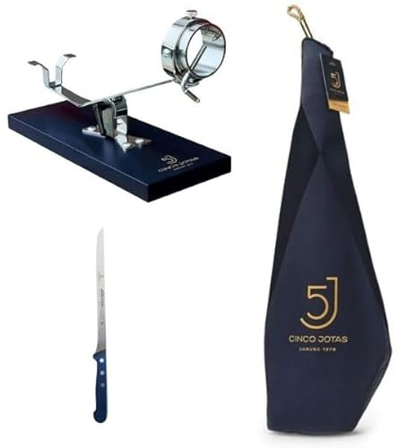 Jamón Cinco Jotas 5J de 7 a 8 kg con soporte y cuchillo. Salchichón ibérico 300 g Exqium de regalo.