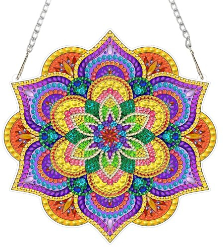 NEWENMO Mandala-Kunst-Design Diamond Painting Anhänger Set,Bunte Blumen Diamond Painting Fensterbilder Anhänger,DIY Diamant Crystal Art Kit mit Kette, für Fenster,Wände,Türöffnungen und Gartendecor