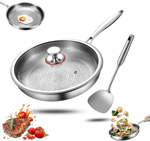 Generisch titan pfanne mit Spatel, Premium Uncoated Titanium Bratpfanne, Antihaft Gehämmerter Wok Titanpfanne-Nutrition zum Kochen, Verdickt, ultra-haltbar, Für die Küche Kochen (Mit Deckel, 28cm)