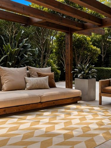 Ted Baker Flachgewebe Teppich Terrick - Wendeteppich Outdoor geeignet, Pflegeleichter Wohnzimmerteppich, Modern, Zigzag Muster für Wohnzimmer, Terrasse, Esszimmer, Balkon - Ocker Weiß, 120x170 cm