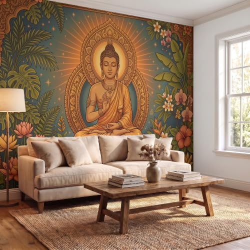 SMBHIAON Papier Peint Statue Bouddha Bananier Hibiscus Panoramique 3D Zen Oriental Papier Peint Jaune Ocre Murale Salon Chambre À Coucher Maison Décoration Intérieure 200×140 Cm