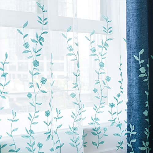 Melodieux Rideau Transparent à Motif Floral brodé pour Salon, terrasse, Porte coulissante, Grande fenêtre, Drape, Blanc, Bleu, 254 x 213 cm (1 Panneau)