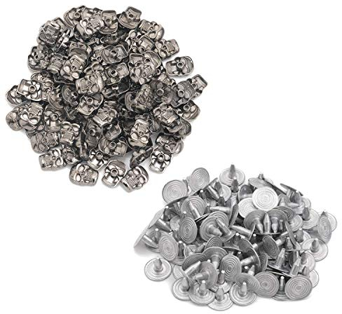 Totenkopf-Nieten aus Metall von Trimming Shop, 100 Stück, 11 mm x 15 mm, silbergrau-schwarz, mit Pins, für Lederarbeiten, Basteln, Kleidung, Shows