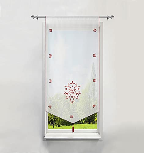 BAILEY JO 1er-Pack Bildergardine mit Stickerei Raffrollo Voile Transparent Vorhang (BxH 40x90cm, Weinrot)