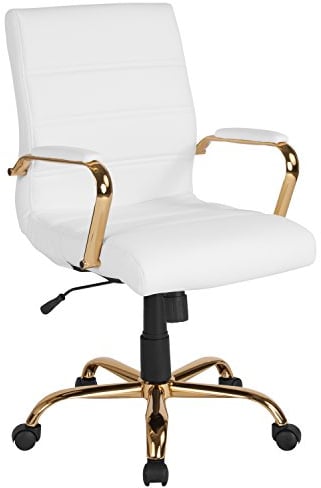 Flash Furniture Whitney Schreibtischstuhl mit mittlerer Rückenlehne, Leder, weich, mit gepolstertem Sitz und Armlehnen, höhenverstellbar, gepolstert, Bürostuhl, Weiß/Gold