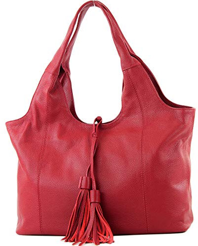modamoda de - T105 - ital. Schultertasche Groß aus Leder, Farbe:Kirschrot