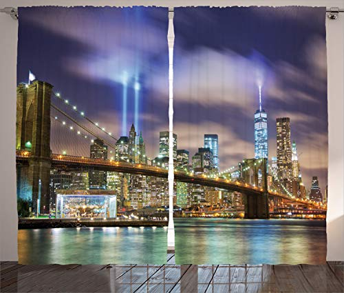 ABAKUHAUS New York Rustikaler Gardine, Manhattan Skyline USA, Schlafzimmer Kräuselband Vorhang mit Schlaufen und Haken, 280 x 245 cm, Grün Lila