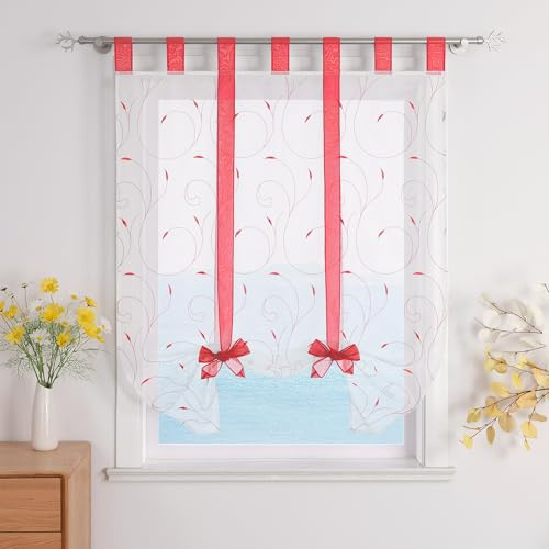 ESLIR Raffrollo mit Schlaufen Raffgardinen Gardinen Küche Rot 120x140cm | Bindegardine,Transparent,Schlaufenrollo,Vorhänge mit Stickerei,Modern Voile,Fensterrollo 1Stück,Landhaus,Bestickt