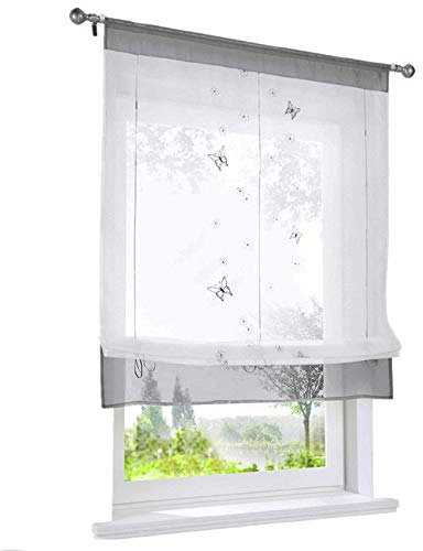 ESLIR Raffrollo Küche Raffgardine mit Tunnelzug Gardinen Transparent Bändchenrollo mit Schmetterling Bestickt Voile Grau BxH 60x120cm 1 Stück