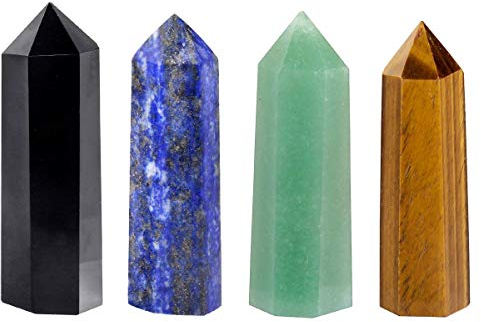mookaitedecor Oeil de Tigre,Aventurine Verte,Lapis Lazuli,Obsidienne Noire Pierre Cristal Naturelle,Baguette Pointe de Cristaux Pierres Guerison