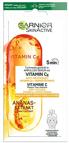 Garnier Tuchmaske, Gesichtsmaske für müde Haut ohne Glow, Anti-Müdigkeit, Getränkt in Ampullen-Serum, Vegane Formel mit Vitamin C und Ananas-Extrakt, 15 g