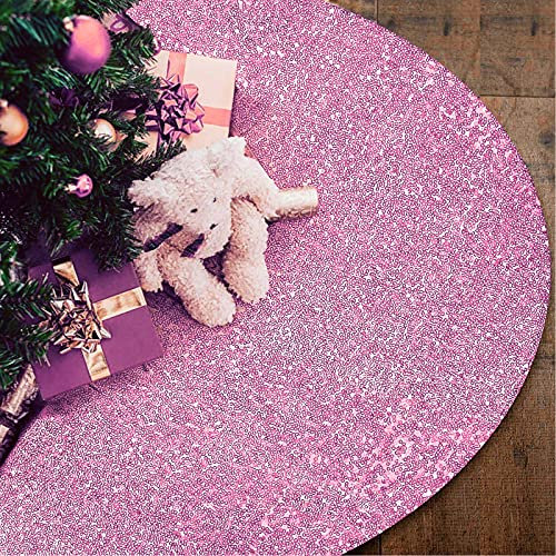 yuboo Small Pink Christmas Tree Skirt, 30 inch Sequin Glitter Pink Valentines Day Christmas Decorations, Rose Gold Tree Ornaments for Pencil Slim Christmas 4 Ft Tree, Xmas Tree Mat Home Decor