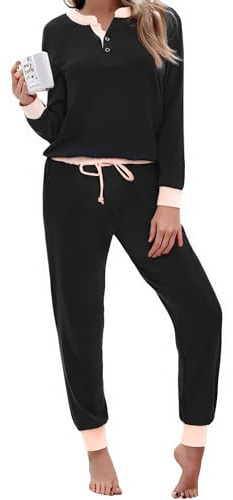 Aseniza Schlafanzug Damen Lang Pyjamas Baumwolle Zweiteiliger A-Schwarz,S