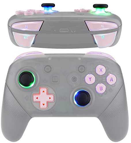 eXtremeRate Multicolores LED Botones para Nintendo Switch Pro Mando, D-Pad Joysticks ABXY ZR ZL L R Teclas DTFS LED Kit para NSP Controlador - DIY 9 Colores Modos 6 Areas, Rosa con Símbolo