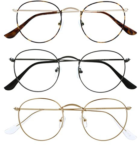 OPULIZE Sol - Brille Blaulichtfilter 3er Pack Runder Metall Retro Rahmen Verbessern Den Schlaf Computerbrille Gaming Entspiegel Braun Metallgrau Gold Herren Damen BBB94-279