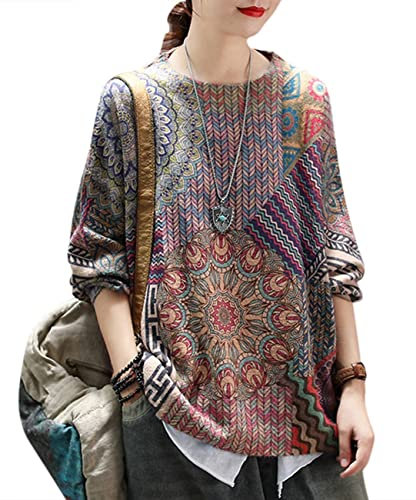 Janein Damen Pullover Oversize Lang Strickpullover Herbst Winter Rundhals Sweater mit Blumenmuster Weihnachtspullover M S01DE CR27