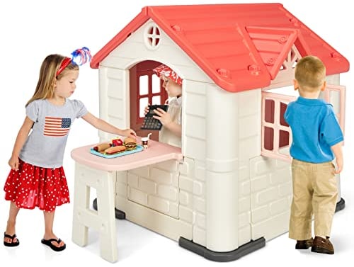 GOPLUS Multifunktionale Kinderspielhaus, Spielhaus mit 2 ausgehöhlte Fenster, Breiter Picknicktisch, Spielzeugset & Doppeltüren, Rollenspiele für Draußen & Drinnen ab 3 Jahren, 164x124x132cm (Rosa)
