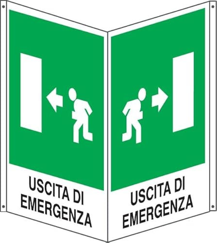NEW CARTELLO SEGNALETICO BIFACCIALE - uscita di emergenza a sinistra Con Scritta - In Alluminio Con Stampa Diretta U.V. (IDEALE ANCHE PER ESTERNO) (20X31 CM)