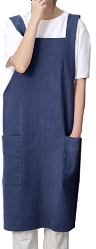 Pincy Baumwoll-Leinen-Schürze für Damen – ohne Bindebänder, gekreuzte Rückenschürze mit Taschen, ideal für Floristen, Cafés und Küche (22-Blau)