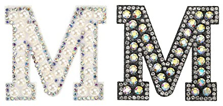 sourcing map Iron on Decorative Letter M Black White Patch Glitter Alphabet Applique Rhinestone Pearl English Letter for DIY Clothes Repair Hats Bags Pack of 2