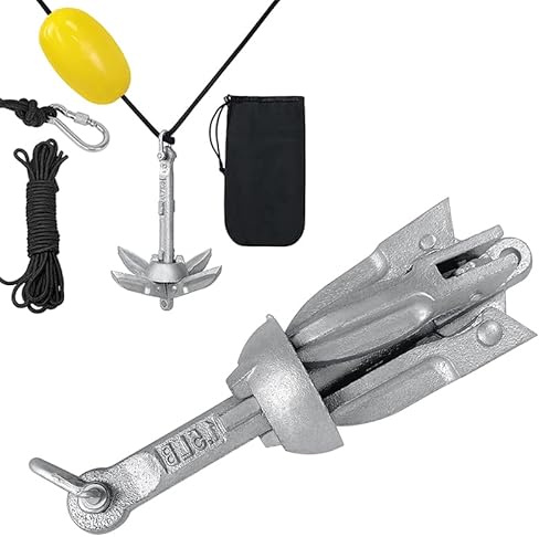YUENFONG Faltanker Anker Klappanker mit 10 m Ankerseil, Eisenverzinkte Ankerset Vierhakenanker inkl. wasserdichte Tasche, für Kajaks, Kanus(0.7kg)