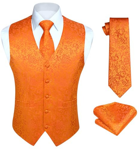 HISDERN Herren Paisley Weste Orange Floral Jacquard Krawatte Einstecktuch Einstecktuch Hochzeitsfeier Business Fit Weste Anzug Set,M,Orange-N