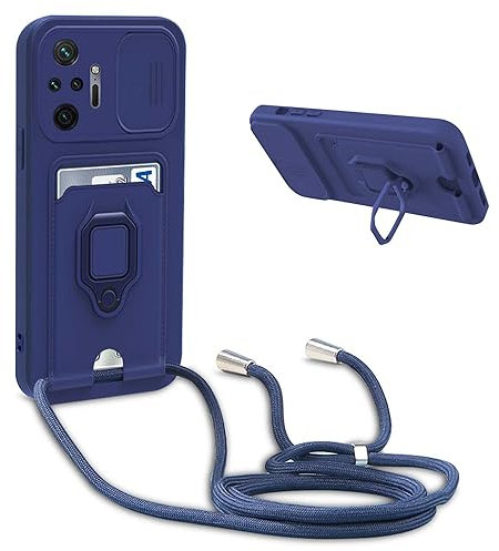 YFSYLL Funda con Cuerda Compatible con Xiaomi Redmi Note 10 Pro,Ajustable Collar de Cuello Cordón Carcasa de Silicona,Protección de la cámara Funda,Anillo Soporte,Ranuras para Tarjetas,Azul