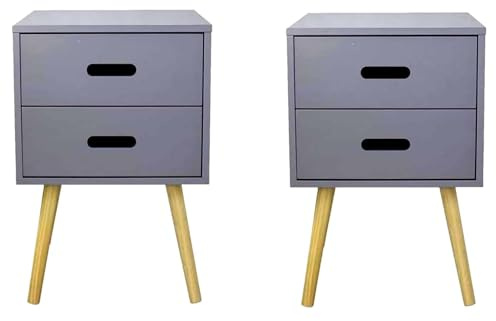 PREMZO 2 Drawer Bedside Side Table Vintage Inspired Retro End Table Cabinet Storage and Stylish Charm for Your Bedroom Living Room Guest Room Home Set Of 2 (Gray)