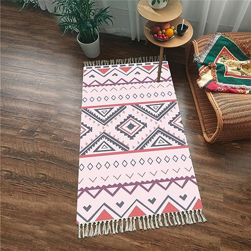 Tomifine Tapis Bohème avec Franges Tapis de Sol Decoration Tissé Ethnique Tapis Antiderapant Géométrique Lavable Tapis de Couloir pour Chambre, Salon (50x80 cm,Couleur Rose)