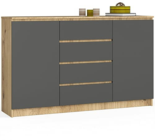 AKORD Kommode K 160 cm | 4 Schubladen und 2 Türen | für Wohnzimmer Schlafzimmer Schrank Wohnzimmer | Modernes Funktionelles Design | Schichtstoffplatte 16mm | Eiche Artisan/Graphitgrau