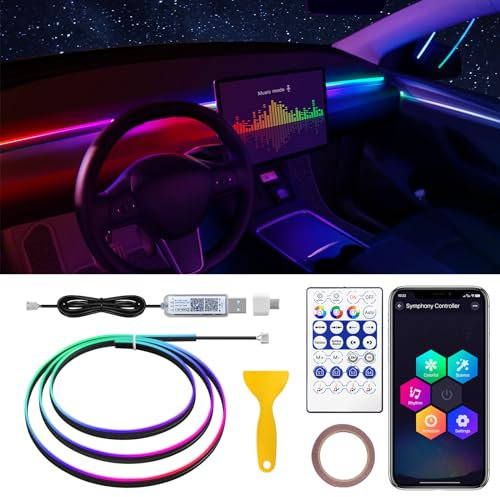 Tesla Model 3/Y/S/X Dreamcolor Acrylic Interior Car LED Strip Light with USB/Type C, 55.1 inches Fiber Optic Tesla Ambient Lighting Kits, 16 Million Colors Sound Active Function Neon Tesla accessories