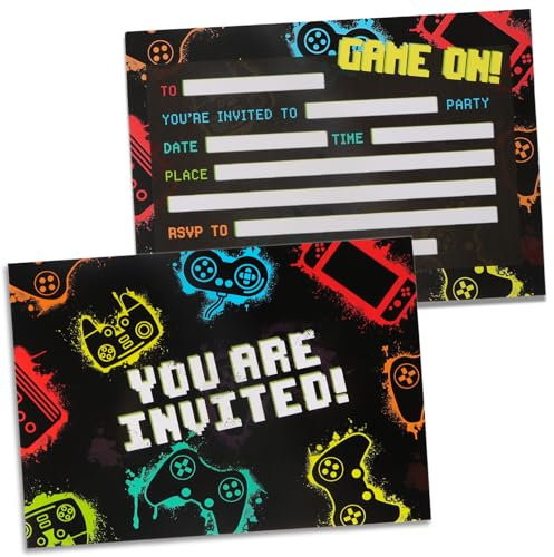 COLOFALLA 36pcs Gaming Party Invites Boys Birthday Invitations Kids Gaming Themed Birthday Invitations for Kids Gamer Video Game Party