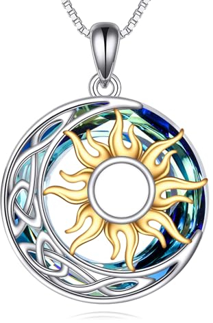 YAFEINI Sonne und Mond Kette Damen 925 Sterling Silber Kristall Keltischer Mond Anhänger Halskette Gold Sonne Schmuck Geschenk