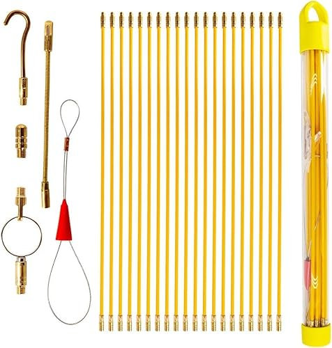 25 Feet Fiberglass Fish Tape Cable Rods, Coaxial Electrical Wire Running Pull/Push Kit with Hook and Hole Kit in Transparent Tube