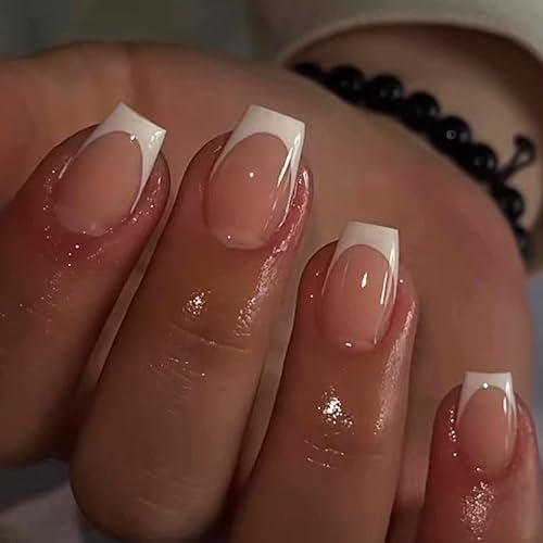 Maggidea French False Nails - 24pcs Strong Short Coffin Ballerina Press On Nails With Glue, Acrylic Stick On, Elegant White Tips Design (Short Ballerina)