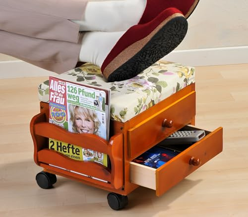 Dekoleidenschaft Fussstütze Fusshocker aus Holz, 2 Schubladen + Fach für Zeitschriften, mit Rollen, Stoffbezug, Polsterhocker