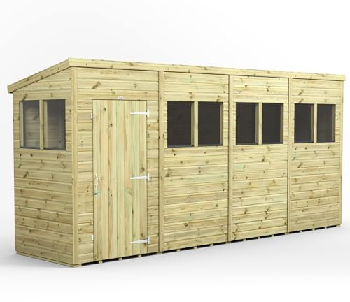 Powersheds High Grade Premium Pressure Treated Pent Shed Garden Wooden Shed with Heavy Duty Frame, Door & Window Flexibility made from Extra Thick Timber & Toughened Glass (16x4)