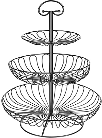OUYUE Corbeilles à Fruits 3 Tier Fruit Basket Bowl Support for comptoir, Fruits légumes Fil Panier Porte-Organisateur, Porte-Fruits Amovible en métal avec poignée Bol à Fruits (Color : Black)