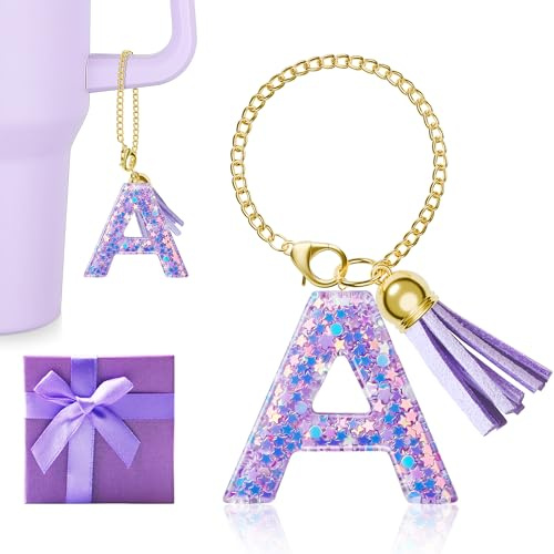 MOYOHIM Letter Charm for Stanley Cup, 1PCS Purple Tumbler Accessories Charms for Handle, Initial Charm for Girls Women, Epoxy, No Gemstone