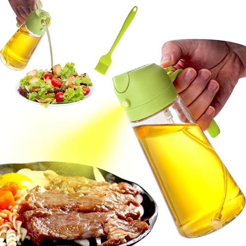 MARUKO 2 In 1 Oil Dispenser and Sprayer, 470ml/16.5oz Oil Spray Bottle, Oil Sprayer for Cooking, Olive Oil Dispenser Bottle with Silicone Brush for Kitchen, Salad, Frying, BBQ (Green)