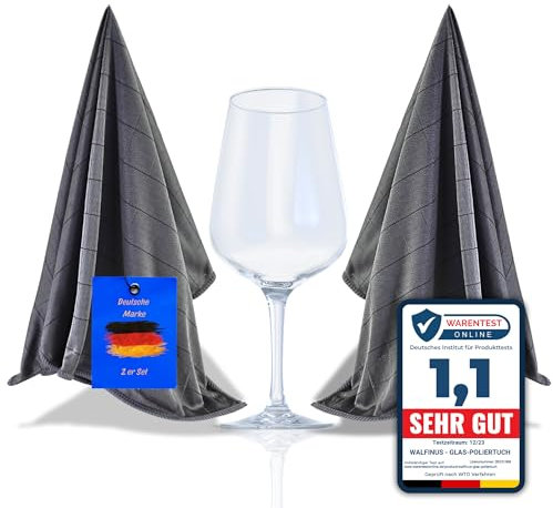 Walfinus Premium 2er-Set Grau Mikrofaser Gläserpoliertuch fusselfreies, streifenfreies, kratzerfreie Microfaser Glaspoliertuch für Spiegel und Hochglanzoberflächen ca 50-60cm Poliertücher