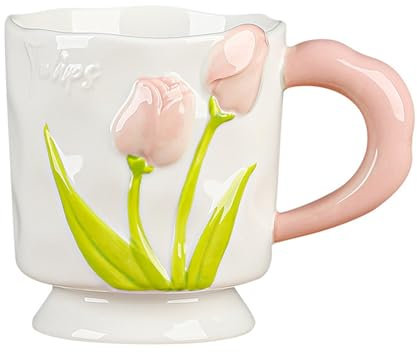 Jarsense Tazza in ceramica da 400 ml con tulipano, tazza in ceramica con manico, tazza in ceramica con cucchiaio, tazza creativa per acqua, latte, caffè (rosa)