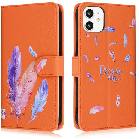 Aisenth Wallet Case for iPhone 12/iPhone 12 Pro (6.1 inch), Colorful Feather 3D Pattern PU Leather Flip Case for Girls, Protective Cover with Magnetic Closure, Stand Function, Card Slots, Orange