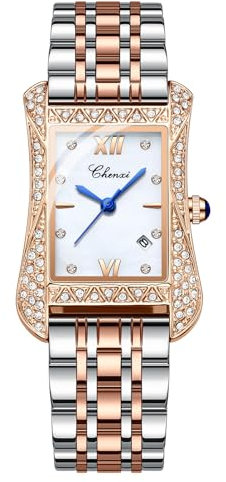 JewelryWe Damenuhr Rechteckige Glitzer Uhr: 30m Wasserdicht Kalender Analog Quarz Armbanduhr Damen Edelstahl Armband Ultradünne Diamant Uhr mit Römischen Ziffern Diamantskala Rosegold/Silber